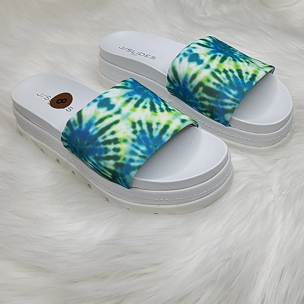 J/SLIDES NYC Brit Slide Sandal Slip On Platforms Blue Green Tie Dye